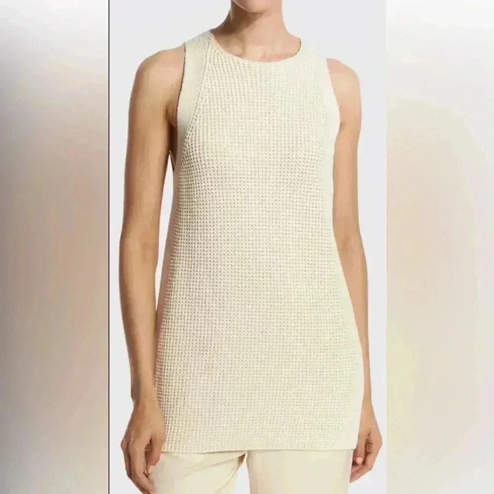 Vince Waffle-Stitch Sleeveless Tunic Sweater Off White